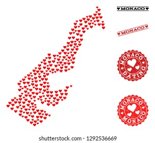 Mosaic map of Monaco formed with red love hearts, and grunge stamp seals for dating. Vector lovely geographic abstraction of map of Monaco with red romantic symbols.