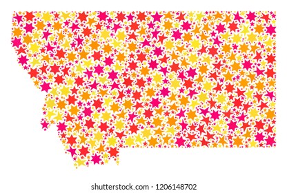 Mosaic map of Montana State composed with colored flat stars. Vector colored geographic abstraction of map of Montana State with red, yellow, orange stars. Festive design for Christmas illustrations.