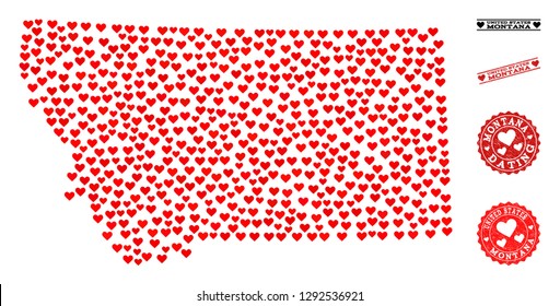 Mosaic map of Montana State designed with red love hearts, and rubber watermarks for Valentines day. Vector lovely geographic abstraction of map of Montana State with red amour symbols.
