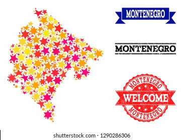 Mosaic map of Montenegro formed with colored flat stars, and grunge textured stamps, isolated on an white background. Vector colored geographic abstraction of map of Montenegro with red, yellow,