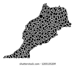 Mosaic map of Morocco formed with black flat geometric objects, such as triangles, stars, rectangles, circles, ellipses, segments, sectors, rhombuses, squares, polygons, semi-circles.