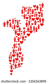 Mosaic map of Mozambique composed with red wedding ladies and gentlemens. Vector lovely geographic abstraction of map of Mozambique with red romantic symbols. Romantic flat design for wedding posters.