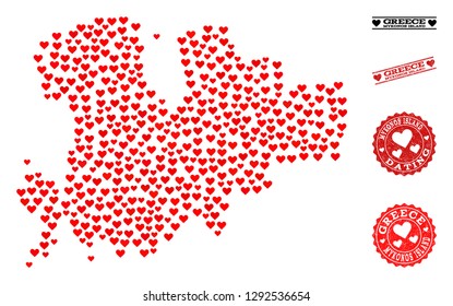 Mosaic map of Mykonos Island designed with red love hearts, and rubber stamp seals for dating. Vector lovely geographic abstraction of map of Mykonos Island with red dating symbols.