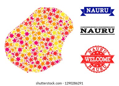 Mosaic map of Nauru composed with colored flat stars, and grunge textured stamps, isolated on an white background. Vector bright geographic abstraction of map of Nauru with red, yellow, orange stars.