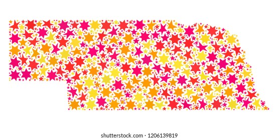 Mosaic map of Nebraska State composed with colored flat stars. Vector colored geographic abstraction of map of Nebraska State with red, yellow, orange stars. Festive design for New Year illustrations.