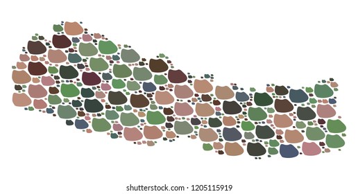 Mosaic map of Nepal created with colored flat concretions. Vector particolored geographic abstraction of map of Nepal.
