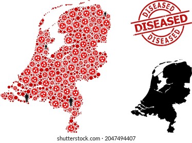 Mapa mosaico de los Países Bajos diseñado a partir de iconos del virus SARS y elementos de personas. Sello de sellado de socorro por enfermedad. Elementos de la gente negra y elementos del virus de la gripe roja. La frase difusa está dentro del sello redondo.
