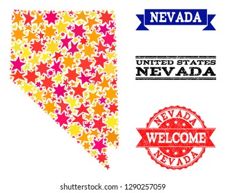 Mosaic map of Nevada State designed with colored flat stars, and grunge textured stamps, isolated on an white background. Vector colored geographic abstraction of map of Nevada State with red, yellow,