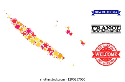 Mosaic map of New Caledonia designed with colored flat stars, and grunge textured stamps, isolated on an white background. Vector colored geographic abstraction of map of New Caledonia with red,