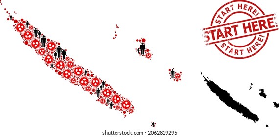 Mosaic Map Of New Caledonia Organized From Covid Infection Items And People Elements. Start Here Exclamation Distress Stamp. Black Man Symbols And Red Covid Infection Elements.