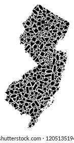 Mosaic map of New Jersey State created with black flat geometric primitives, such as triangles, stars, rectangles, circles, ellipses, segments, sectors, rhombuses, squares, polygons, semi-circles.