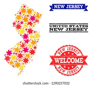 Mosaic map of New Jersey State designed with colored flat stars, and grunge textured stamps, isolated on an white background. Vector colored geographic abstraction of map of New Jersey State with red,