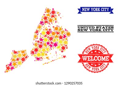 Mosaic map of New York City created with colored flat stars, and grunge textured stamps, isolated on an white background. Vector colored geographic abstraction of map of New York City with red,