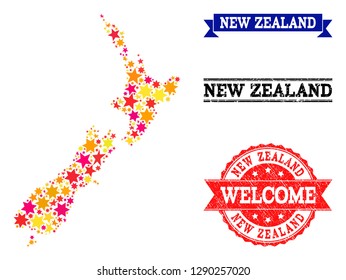 Mosaic map of New Zealand composed with colored flat stars, and grunge textured stamps, isolated on an white background. Vector colorful geographic abstraction of map of New Zealand with red, yellow,