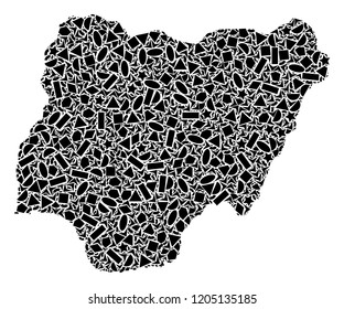 Mosaic map of Nigeria designed with black flat geometric shapes, such as triangles, stars, rectangles, circles, ellipses, segments, sectors, rhombuses, squares, polygons, semi-circles.