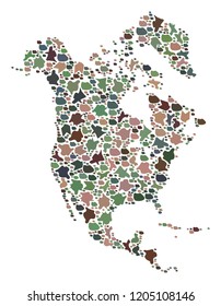 Mosaic map of North America designed with colored flat pebbles. Vector pied geographic abstraction of map of North America.