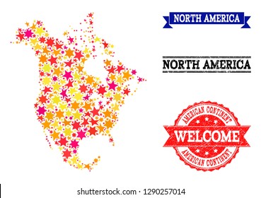 Mosaic map of North America formed with colored flat stars, and grunge textured stamps, isolated on an white background. Vector colored geographic abstraction of map of North America with red, yellow,