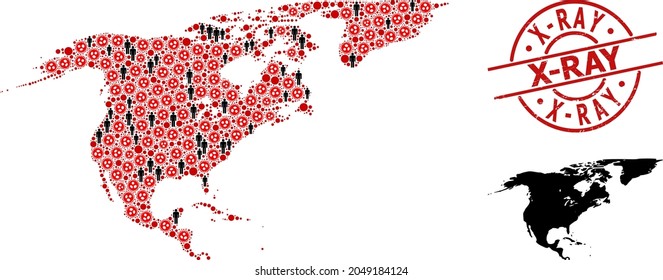 Mosaic map of North America and Greenland constructed from flu virus elements and men elements. X-Ray scratched seal stamp. Black person items and red virus outbreak elements.
