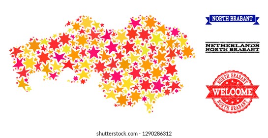 Mosaic map of North Brabant Province formed with colored flat stars, and grunge textured stamps, isolated on an white background.