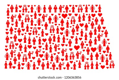 Mosaic map of North Dakota State formed with red wedding men and women. Vector lovely geographic abstraction of map of North Dakota State with red romantic symbols.