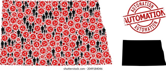 Mosaic map of North Dakota State united from covid-2019 elements and humans icons. Automation grunge watermark. Black people elements and red covid-2019 elements.