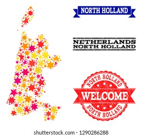 Mosaic map of North Holland composed with colored flat stars, and grunge textured stamps, isolated on an white background. Vector colored geographic abstraction of map of North Holland with red,