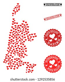 Mosaic map of North Holland created with red love hearts, and grunge watermarks for dating. Vector lovely geographic abstraction of map of North Holland with red dating symbols.