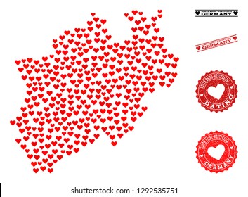 Mosaic map of North Rhine-Westphalia State formed with red love hearts, and grunge watermarks for dating.