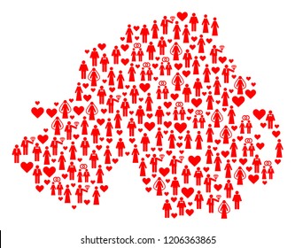 Mosaic map of Northern Ireland formed with red lovely brides and grooms. Vector lovely geographic abstraction of map of Northern Ireland with red romantic symbols.