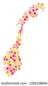 Mosaic map of Norway designed with colored flat stars. Vector colored geographic abstraction of map of Norway with red, yellow, orange stars. Festive design for Christmas illustrations.