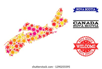 Mosaic map of Nova Scotia Province designed with colored flat stars, and grunge textured stamps, isolated on an white background.