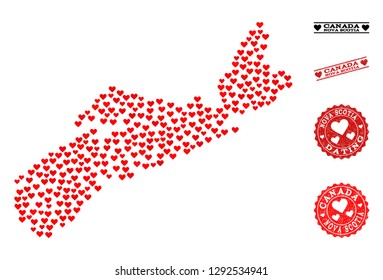 Mosaic map of Nova Scotia Province designed with red love hearts, and rubber stamp seals for dating. Vector lovely geographic abstraction of map of Nova Scotia Province with red romantic symbols.