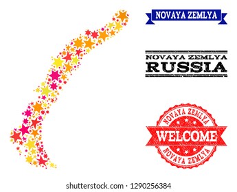 Mosaic map of Novaya Zemlya Islands composed with colored flat stars, and grunge textured stamps, isolated on an white background.