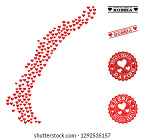 Mosaic map of Novaya Zemlya Islands created with red love hearts, and rubber stamp seals for dating. Vector lovely geographic abstraction of map of Novaya Zemlya Islands with red dating symbols.