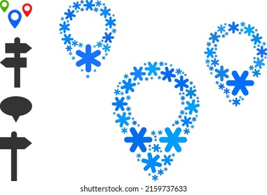 Icono de objetos de mapa mosaico está diseñado para invierno, Año Nuevo, Navidad. El mosaico de iconos de objetos de mapa está hecho de elementos de nieve azul claro. Se añaden algunos iconos adicionales.