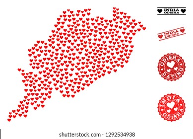 Mosaic map of Odisha State created with red love hearts, and rubber stamp seals for dating. Vector lovely geographic abstraction of map of Odisha State with red dating symbols.