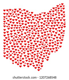 Mosaic map of Ohio State composed with red love hearts. Vector lovely geographic abstraction of map of Ohio State with red wedding symbols. Romantic design for wedding purposes.