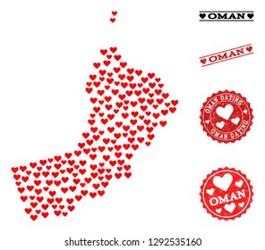 Mosaic map of Oman formed with red love hearts, and rubber watermarks for dating. Vector lovely geographic abstraction of map of Oman with red dating symbols. Romantic design for dating purposes.