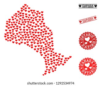 Mosaic map of Ontario Province designed with red love hearts, and rubber watermarks for Valentines day. Vector lovely geographic abstraction of map of Ontario Province with red romantic symbols.