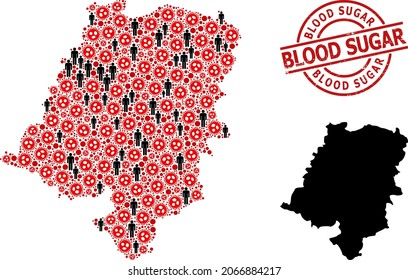 Mosaic map of Opole Province composed of coronavirus icons and people icons. Blood Sugar textured watermark. Black people icons and red covid virus icons. Blood Sugar text is inside round watermark.
