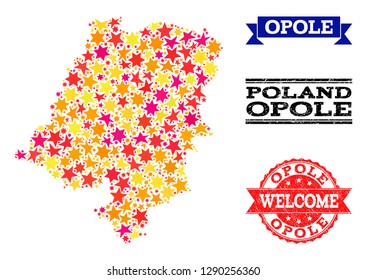 Mosaic map of Opole Province designed with colored flat stars, and grunge textured stamps, isolated on an white background. Vector colored geographic abstraction of map of Opole Province with red,