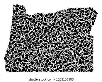 Mosaic map of Oregon State composed with black flat geometric shapes, such as triangles, stars, rectangles, circles, ellipses, segments, sectors, rhombuses, squares, polygons, semi-circles.