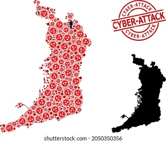 Mosaic map of Osaka Prefecture united from covid-2019 items and humans icons. Cyber-Attack grunge seal stamp. Black people items and red covid-2019 icons. Cyber-Attack text inside round seal stamp.