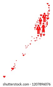 Mosaic map of Palau Islands formed with red lovely wives and husbands. Vector lovely geographic abstraction of map of Palau Islands with red marriage symbols.