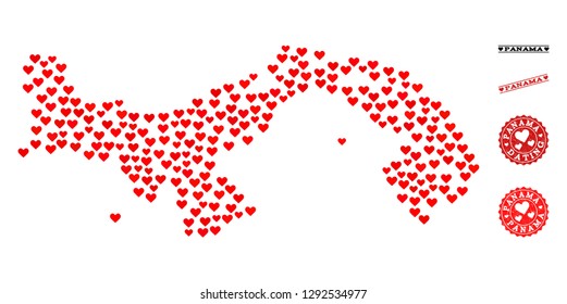 Mosaic map of Panama composed with red love hearts, and rubber watermarks for Valentines day. Vector lovely geographic abstraction of map of Panama with red romantic symbols.