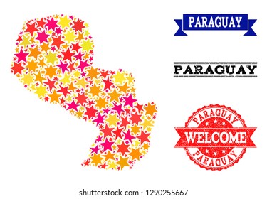 Mosaic map of Paraguay created with colored flat stars, and grunge textured stamps, isolated on an white background. Vector colored geographic abstraction of map of Paraguay with red, yellow,