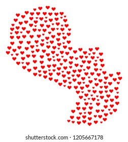 Mosaic map of Paraguay designed with red love hearts. Vector lovely geographic abstraction of map of Paraguay with red romantic symbols. Romantic design for patriotic illustrations.