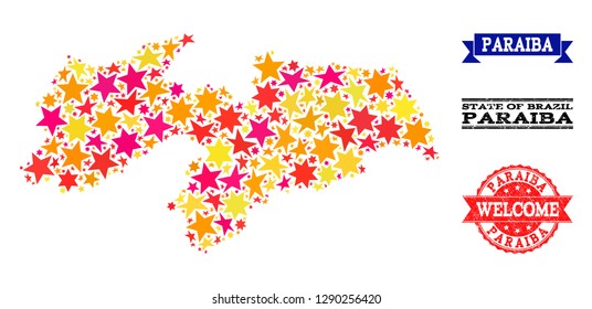 Mosaic map of Paraiba State created with colored flat stars, and grunge textured stamps, isolated on an white background. Vector bright geographic abstraction of map of Paraiba State with red, yellow,