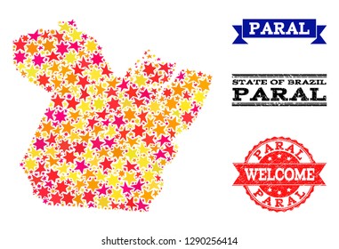 Mosaic map of Paral State composed with colored flat stars, and grunge textured stamps, isolated on an white background. Vector colored geographic abstraction of map of Paral State with red, yellow,
