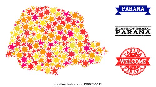 Mosaic map of Parana State created with colored flat stars, and grunge textured stamps, isolated on an white background. Vector bright geographic abstraction of map of Parana State with red, yellow,